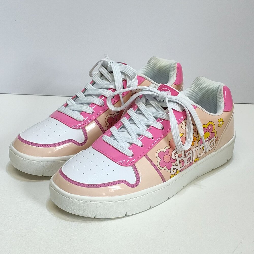 Barbie Mattel Casual Court Sneakers Shoes WMNS 10 Pink & White Floral Design EUC